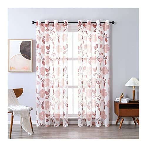 Homxi Balkon Vorhang Außen Transparent 2er Set 2 x 107Wx229L cm,Gardinen Wohnzimmer Voile Rot Weiß Blüten und Blätter Vorhänge Ösen von Homxi