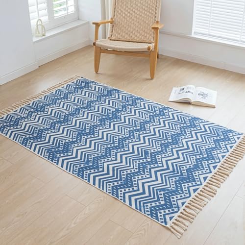 Homxi Balkonteppich Klein Rechteckig 120 x 180 cm, Teppiche Balkon Baumwolle Leinen, Wellenmuster mit Quasten, Teppichboden Blau von Homxi