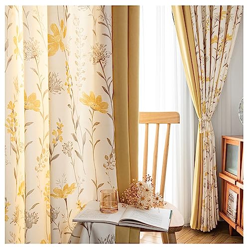 Homxi Blickdichter Vorhang 2er Set 2 x 107W x 160H cm,Küchenvorhang Blickdicht Gelb Blätter und Blumen Muster Vorhänge mit Haken Schlafzimmer von Homxi