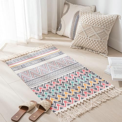 Homxi Bodenteppich Rechteckig 60 x 90 cm + 10 cm, Balkonteppich Polyester, Geometrisch Muster mit Quasten, Bunt Teppich Outdoor von Homxi