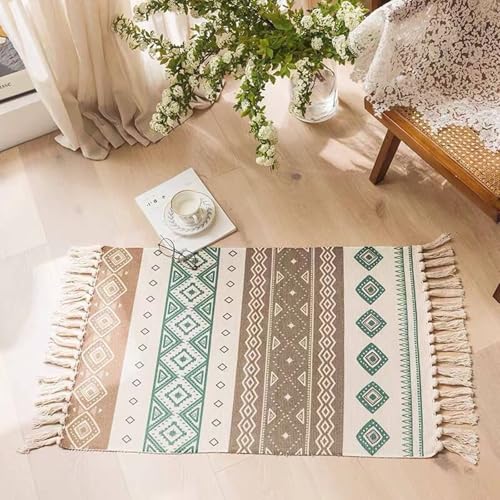 Homxi Bodenteppich Rechteckig 60 x 90 cm + 20 cm, Teppiche Kinderzimmer Polyester Baumwolle, Geometrisch Muster mit Quasten, Teppichboden Grün Braun von Homxi
