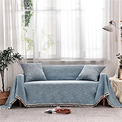 Homxi Couchbezug Zweisitzer,180x260CM,Sofa Überzug Universal Einfarbig mit Quaste Sofabezug Leinen Baumwolle Sofa Handtuch Blau Sofabezug Decke von Homxi