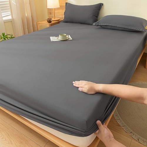 Homxi Fitted Sheet for Bed,(180 x 220 cm),Bettlaken mit Elastisch Einfarbig Spannbett Dunkelgrau von Homxi