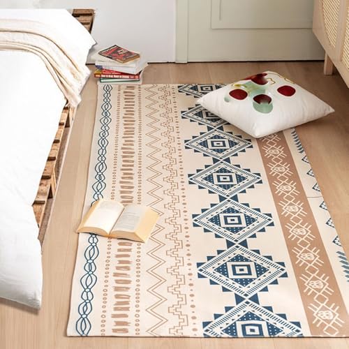 Homxi Flurteppich Rechteckig Klein 105 x 210 cm, Teppiche Baumwolle Leinen, Geometrisch Muster, Teppich Kinderzimmer Khaki Blau von Homxi