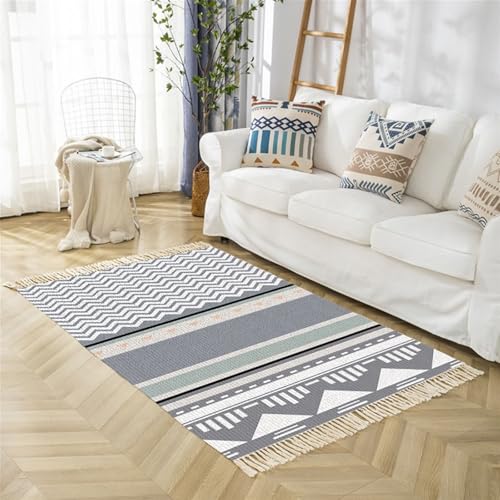 Homxi Flurteppich Rechteckig Klein 50 x 80 cm, Teppiche Outdoor Baumwolle Leinen, Geometrisch Muster mit Quasten, Teppichboden Grau von Homxi