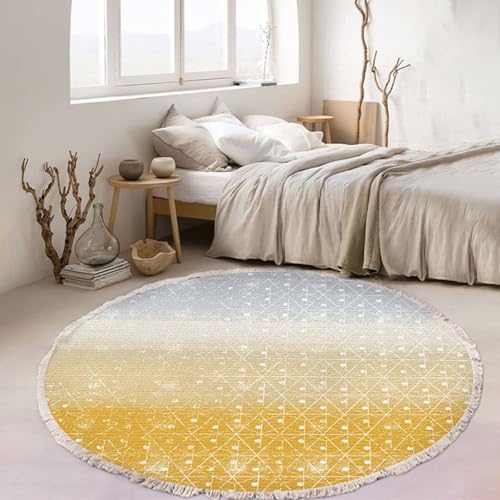 Homxi Fussmatte Rund 90 cm, Garten Teppiche Polyester, Geometrisch Muster mit Quasten, Teppichboden Hellgrau Gelb von Homxi