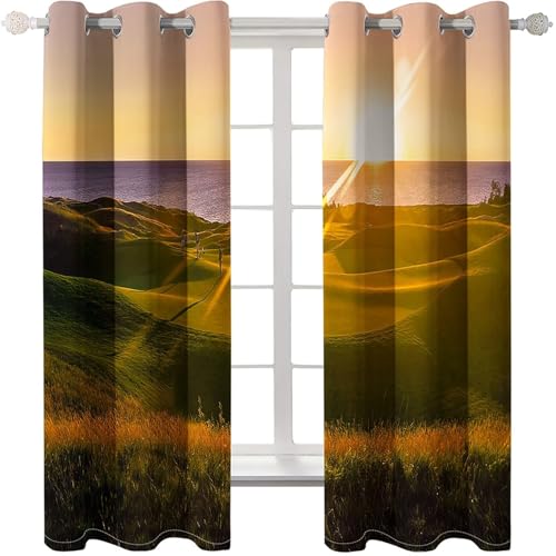 Homxi Gardine Blickdicht Kinderzimmer 2er Pack,2 x 132W x 274H cm,Wohnzimmer Vorhänge mit Ösen Graslandschaften Sonnenuntergang Gardinen Grün Braun für Küchen Modern von Homxi