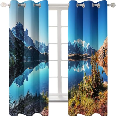 Homxi Gardine Blickdicht Kinderzimmer 2er Set,2 x 137W x 183H cm,Vorhang Schlafzimmer mit Ösen Berg und Seenlandschaft Gardinen Blau Modern Küchen von Homxi