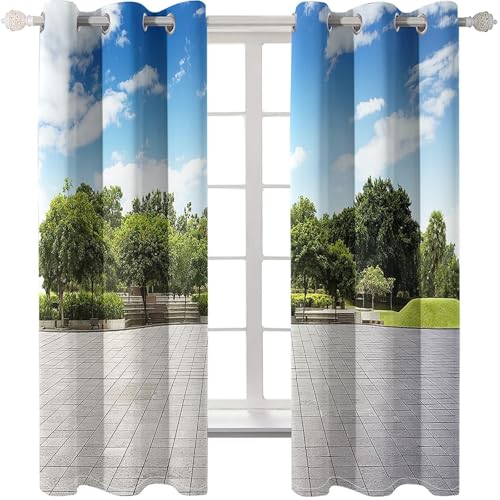 Homxi Gardine Blickdicht Kinderzimmer 2er Set,2 x 244W x 229H cm,Küchengardinen mit Ösen Bäume und Himmelslandschaft Blau Grün Grau Vorhänge für Küchen Modern von Homxi