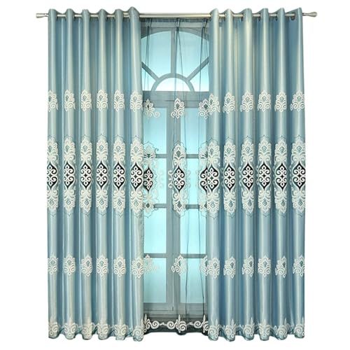Homxi Gardine Blickdicht Verdunkelung 2er Set,2 x 132W x 183H cm,Vorhänge Wohnzimmer Blickdicht Hellblau Florale Stickerei Vorhänge Ösen Küche von Homxi