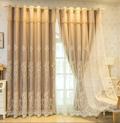 Homxi Gardinen Blickdicht Schlafzimmer 2er Pack,2 x 150W x 270H cm,Vorhang für Schlafzimmer Modern Gelb Beige Doppelschicht mit Blumenstickerei Küchengardinen mit Ösen von Homxi