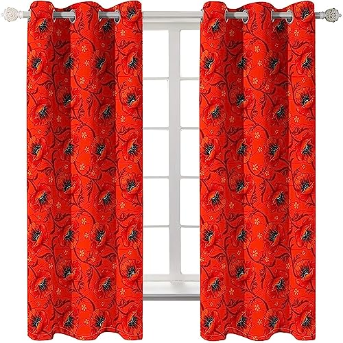 Homxi Gardinen Blickdicht Vorhänge 2er Set,2 x 132W x 244H cm,Küchengardinen Modern Blickdicht Rot Blumen Vorhänge Ösen von Homxi