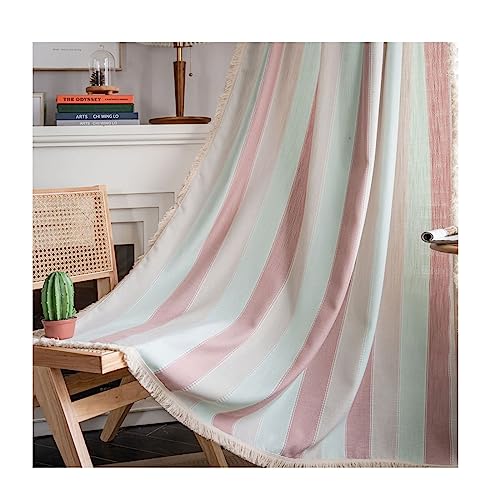 Homxi Gardinen Halbtransparent 2er Set 2 x 132W x 180H cm,Küchenvorhang Halbtransparent Rosa Hellgrün Gestreift Gardinen Vorhang mit Taschen von Homxi