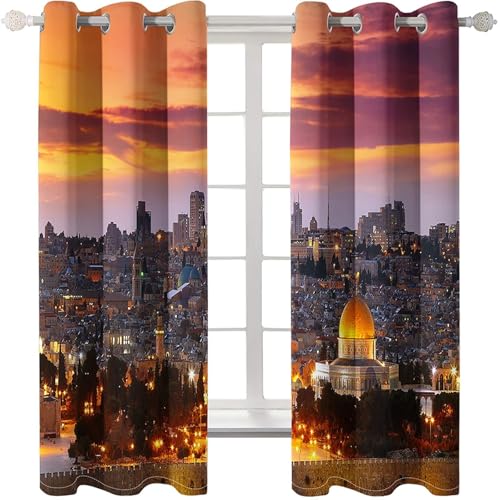 Homxi Gardinen Kinderzimmer Blickdicht 2er Set,2 x 96W x 214H cm,Vorhang Ösenringe Stadtnachtansicht Gardine Vorhang für Wohnzimmer Orange Gelb Braun von Homxi