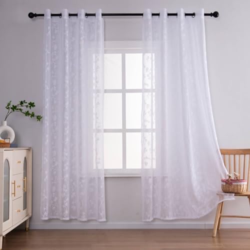 Homxi Gardinen Transparent 2er Set,2 x 140W x 245H cm,Tüll Vorhang Wohnzimmer Weiß Spitze mit Blättermuster Gardinen Ösen Homxi Gardinen Transparent 2er Set,2 x 140W x 245H cm,Tüll Vorhang Wohnzimmer Weiß Spitze mit Blättermuster Gardinen Ösen von Homxi
