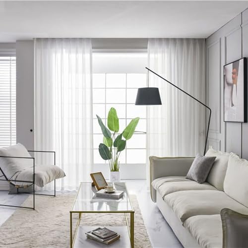 Homxi Gardinen Transparent Voile 2er Set,2 x 102W x 214H cm,Tüll Gardine Kinder Weiß Einfarbig Vorhang Raffhalter Haken von Homxi