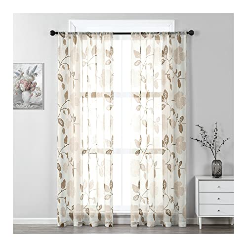 Homxi Gardinen Transparent Voile 2er Set 2 x 137Wx244L cm,Vorhang Durchsichtig Weiß Braun Blüten und Blätter Gardinen mit Taschen Homxi Gardinen Transparent Voile 2er Set 2 x 137Wx244L cm,Vorhang Durchsichtig Weiß Braun Blüten und Blätter Gardinen mit Taschen von Homxi