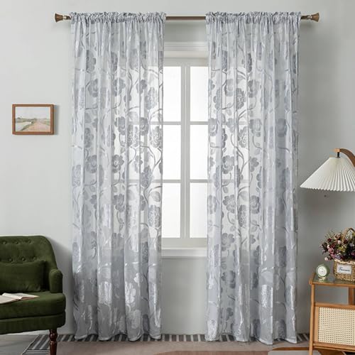 Homxi Gardinen Transparent Vorhang 2er Set,2 x 102W x 214H cm,Gardinen Wohnzimmer Halbtransparent Grau Silber Blumen Muster Rod Pocket Gardinen Homxi Gardinen Transparent Vorhang 2er Set,2 x 102W x 214H cm,Gardinen Wohnzimmer Halbtransparent Grau Silber Blumen Muster Rod Pocket Gardinen von Homxi
