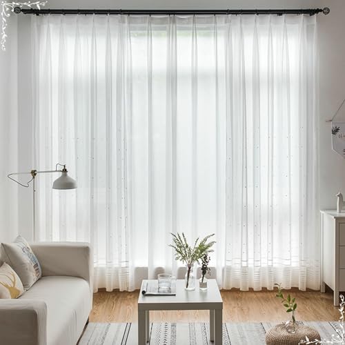 Homxi Gardinen Transparent Vorhang 2er Set,2 x 132W x 244H cm,Voile Gardinen Vorhang Weiß Punkt Stickerei Gardinen Fensterhaken von Homxi