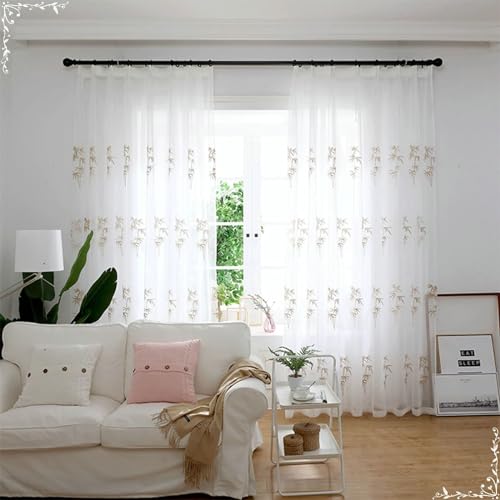 Homxi Gardinen Wohnzimmer Durchsichtig 2er Set,2 x 102W x 183H cm,Vorhang Transparent Wohnzimmer Gelb Beige Blätter Stickerei Gardinen Fensterhaken von Homxi