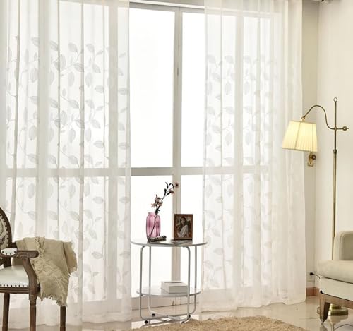 Homxi Gardinen Wohnzimmer Halbtransparent 2er Set,2 x 132W x 244H cm,Küchenvorhang Halbtransparent Weiß Blatt Stickerei Vorhänge mit Haken von Homxi