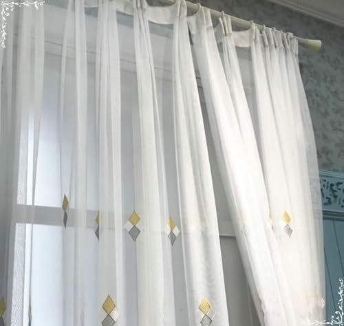 Homxi Gardinen Wohnzimmer Transparent 2er Set,2 x 137W x 183H cm,Tüll Gardine Kinder Gelb Grau Rauten Stickerei Vorhänge Wohnzimmer Haken von Homxi