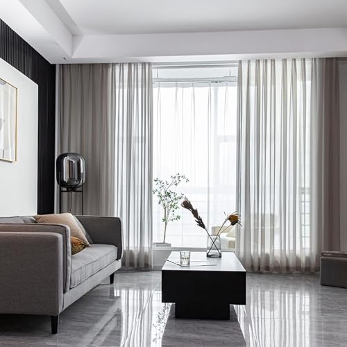 Homxi Gardinen mit Tüll 2er Set,2 x 132W x 229H cm,Vorhang Halbtransparent Grau Einfarbig Vorhänge Wohnzimmer mit Haken von Homxi