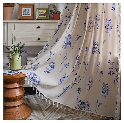 Homxi Gardinen mit Tüll 2er Set 2 x 150W x 160H cm,Küchenvorhang Halbtransparent Beige Blau Blumen und Quasten Vorhang mit Taschen von Homxi