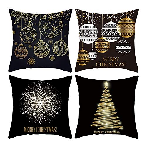 Homxi Kissenbezug Weihnachten 4er,Kissenbezüge Weihnachten 40 x 40cm,Weihnachtsbaum Weihnachtskugeln Schneeflocke Merry Christmas,Kissenhüllen Polyester Schwarz Gold von Homxi