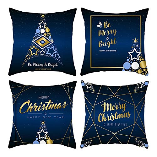 Homxi Kissenbezug Weihnachten 4er Set,40 x 40cm Kissenhülle Weihnachten Set,Weihnachtsbaum Merry Christmas and Happy New Year,Dekokissen Polyester Dunkelblau von Homxi