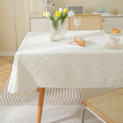Homxi Kleine Tischdecke Rechteckig 135 W x 180 L cm,Tischwäsche Tisch Weiß Einfarbig mit Raute Leinen Baumwolle Garten Tischdecken für Draußen von Homxi