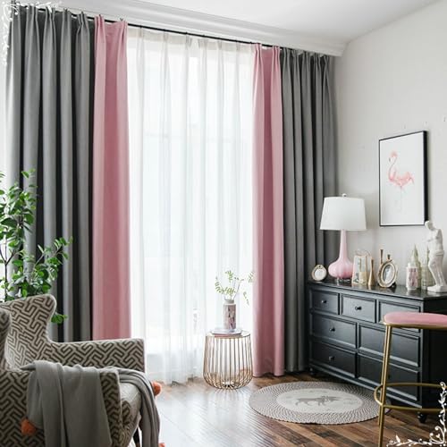 Homxi Lichtdichte Vorhänge 2er Set,2 x 137W x 274H cm,Lichtundurchlässige Vorhänge Kinder Rosa Grau Spleißen Einfarbig Vorhanghaken von Homxi