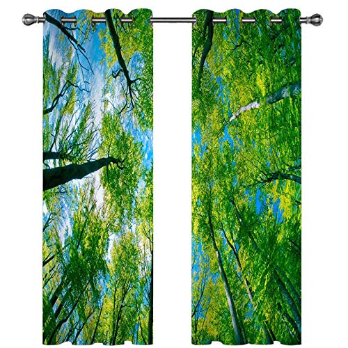 Homxi Lichtdichte Vorhänge Gardinen 2er Set,2 x 107W x 115H cm,Vorhänge Blickdicht Jugendzimmer Grün Blau Bäume und Himmel Vorhang mit Ösen von Homxi