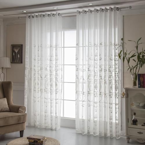 Homxi Lichtundurchlässige Vorhänge Kinder 2er Set,2 x 102W x 138H cm,Voile Vorhang Transparent Weiß Stickmuster Vorhänge Ösen Küche von Homxi