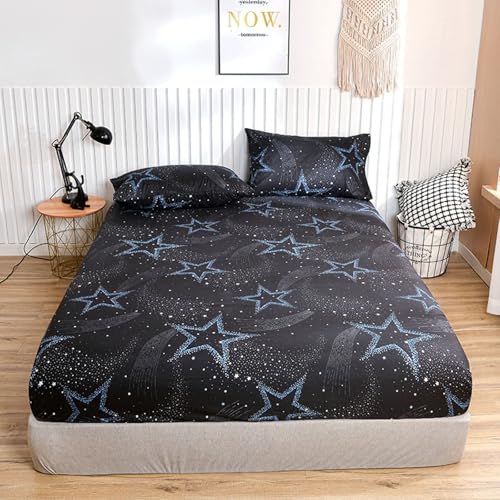 Homxi Matratzenbezug Spannbettlaken mit 2 Kissenbezug,(180 x 200 x 25 cm),Bettlaken Elastisch Sternenmuster Spannbetttuch mit Schwarz Blau von Homxi