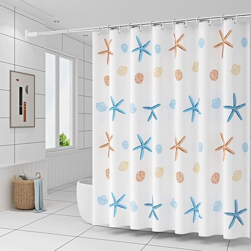 Homxi Ösen Duschvorhang,200 W x 200 H cm,Badezimmer Vorhang Blau Braun Seesterne und Muscheln Duschvorhang PEVA Duschvorhang Haken Weiß von Homxi