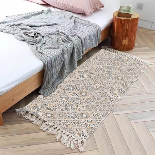 Homxi Outdoor Teppich Rechteckig Boho 80 x 120 cm, Bettvorleger Leinen Baumwolle, Geometrisch Muster mit Quasten, Outdoorteppich Beige Hell Khaki von Homxi