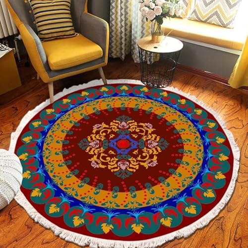 Homxi Outdoorteppich Boho Rund 100 cm, Balkonteppich Polyester, Mandala Muster mit Quasten, Teppichboden Dunkelbraun Orange von Homxi