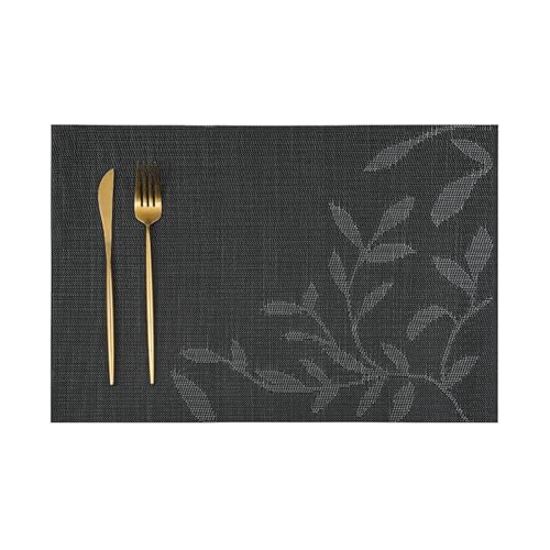 Homxi Platzset 2 Stück Abwaschbar,45 x 30 cm,Tischsets Platzsets Abwaschbar PVC Rechteck mit Blattmuster Platzsets rutschfest Schwarz von Homxi