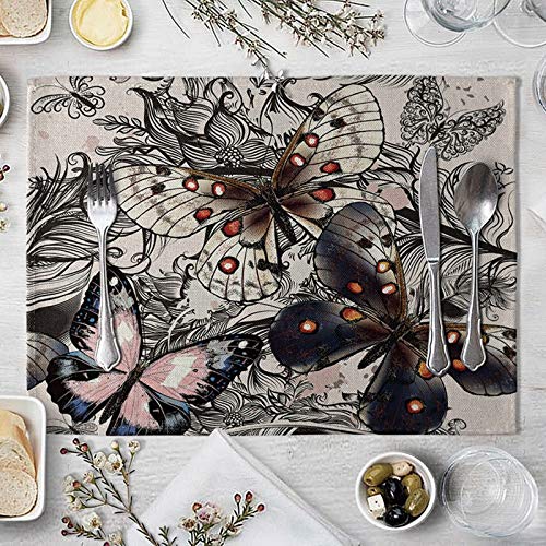 Homxi Platzset 2er Set Waschbar,40x30CM,Platzdeckchen Baumwolle Leinen Blumenmuster mit 3 Schmetterlingen Platzsets Rosa Marineblau von Homxi
