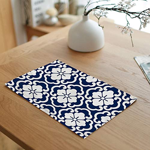 Homxi Platzsets Waschbar 2er Set,32x45CM,Tischset Leinen Baumwolle Blumen Muster Tisch Platzset Abwaschbar Blau Weiß von Homxi