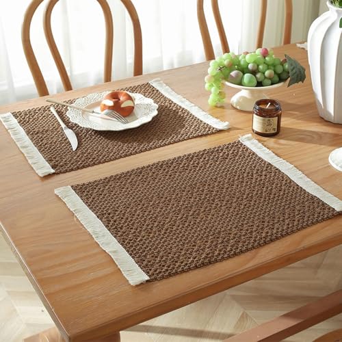 Homxi Platzsets Waschbar 8er Set,45 x 35 cm,Platzset Leinen Baumwolle Abwaschbar Gewebte Streifen mit Quasten Platzsets Kaffee von Homxi