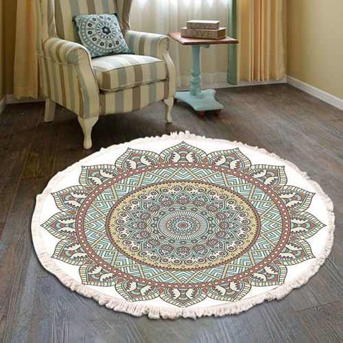 Homxi Rund 90 cm Teppich Klein, Garten Teppiche Polyester, Mandala-Blumenmuster mit Quasten, Teppichboden Mehrfarbig von Homxi