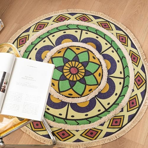 Homxi Rund 92 cm Teppich Kinderzimmer, Wohnzimmerteppich Baumwolle, Ethnischer Blumen-Druck mit Quasten, Teppichboden Bunt von Homxi