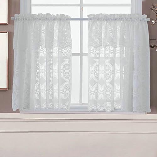 Homxi Scheibengardinen Küche 2er Set,2 x 74W x 90H cm,Scheibengardinen Modern Weiß Blumen und Blattstickerei Vorhänge Wohnzimmer Rod Pocket von Homxi