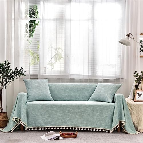 Homxi Sofa Überwürfe 2 Sitzer,180x260CM,Sofahusse Universel Einfarbig mit Quaste Leinen Baumwolle Überwurf Sofa Handtuch Sofa Grün Sofa Bezug von Homxi