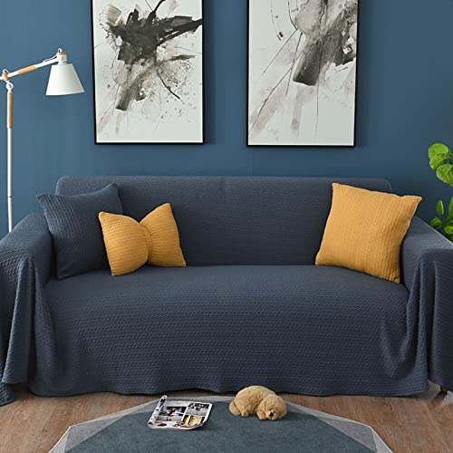 Homxi Sofa Überwurfdecke 3 Sitzer,Cauchsofa Bezug Einfarbig mit Linien Sofaüberwurf Baumwolle Sofa Handtuch Dunkelblau Sofabezüg 180x230CM von Homxi