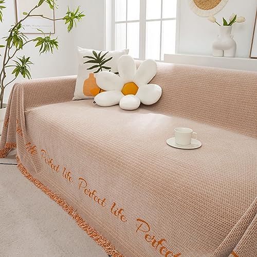 Homxi Sofa Überzug 4 Sitzer Big Sofa,180x360CM,Sofahusse Überzug Einfarbig mit Buchstaben und Quasten Sofa Überwürfe Chenille Sofa Handtuch Orange Couchbezug Decke von Homxi