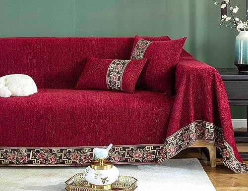 Homxi Sofa Überzug Zweisitzer,180x230CM,Sofahusse Überzug Einfarbig mit Blumenmuster Sofabezug Chenille Sofa Handtuch Rot Couchbezug Decke von Homxi