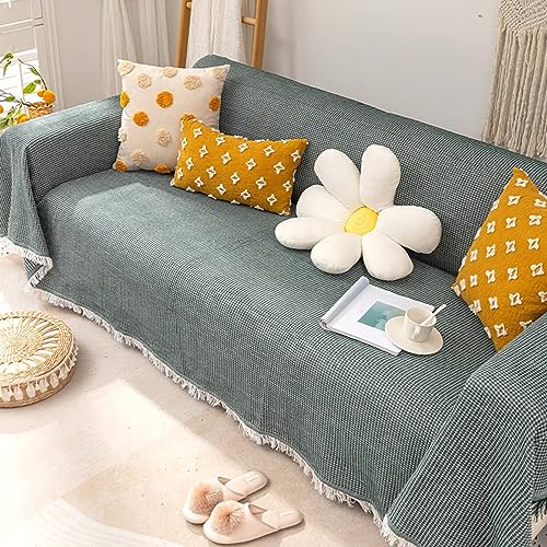 Homxi Sofabezug 1 Sitzer,130x180CM,Sofabezug Einfarbig mit Quaste Überwurf für Sofa Baumwolle Sofa-Handtuch Dunkelgrün Sofaüberwurf Decke von Homxi